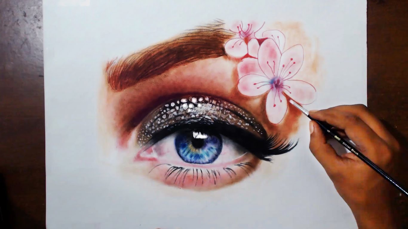 1366x768 Eye With Flowers - Prismacolor Painting