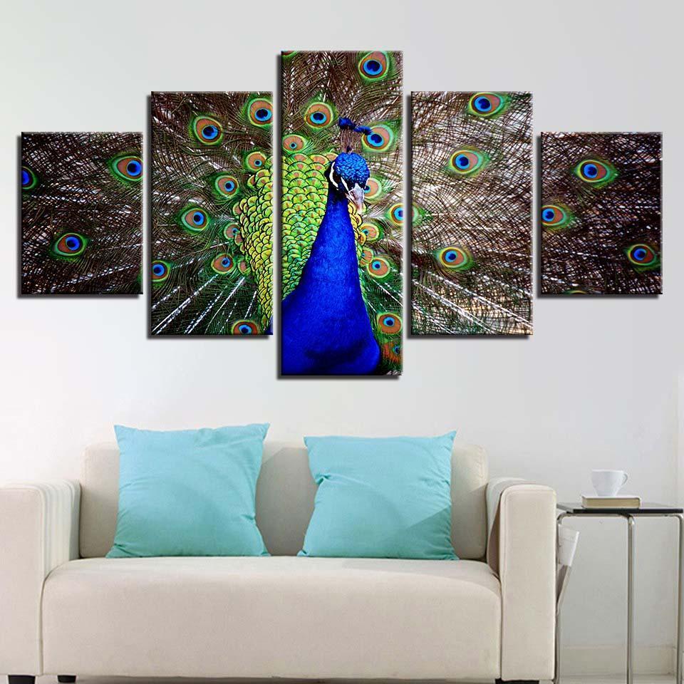 960x960 Framed 5 Piece Proud Peacock Canvas Wall Art Paintings For Sale - Proud Peacock Painting