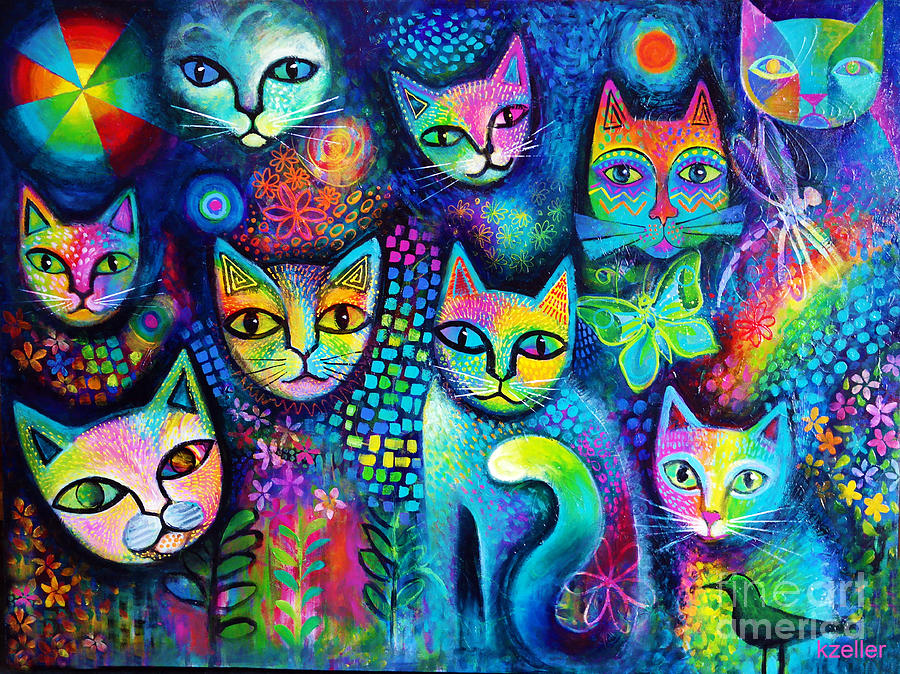 900x674 Magicats Painting By Karin Zeller - Psychedelic Cat Painting.