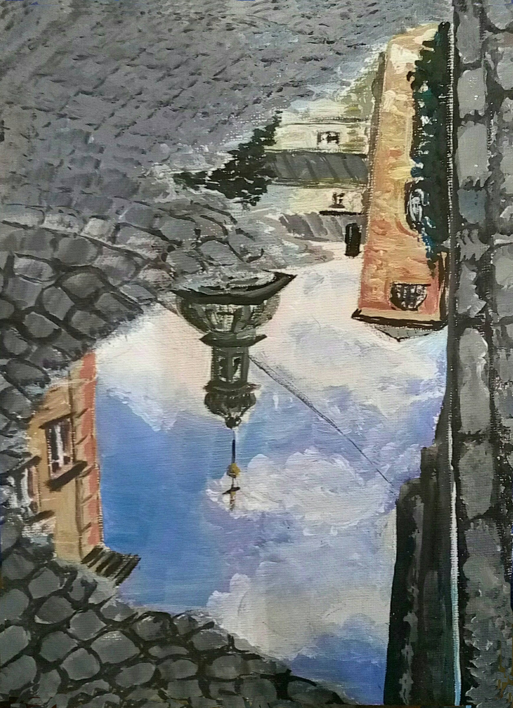 1738x2400 Spring Puddle Reflection Picture Original Acrylic Painting - Puddle Painting