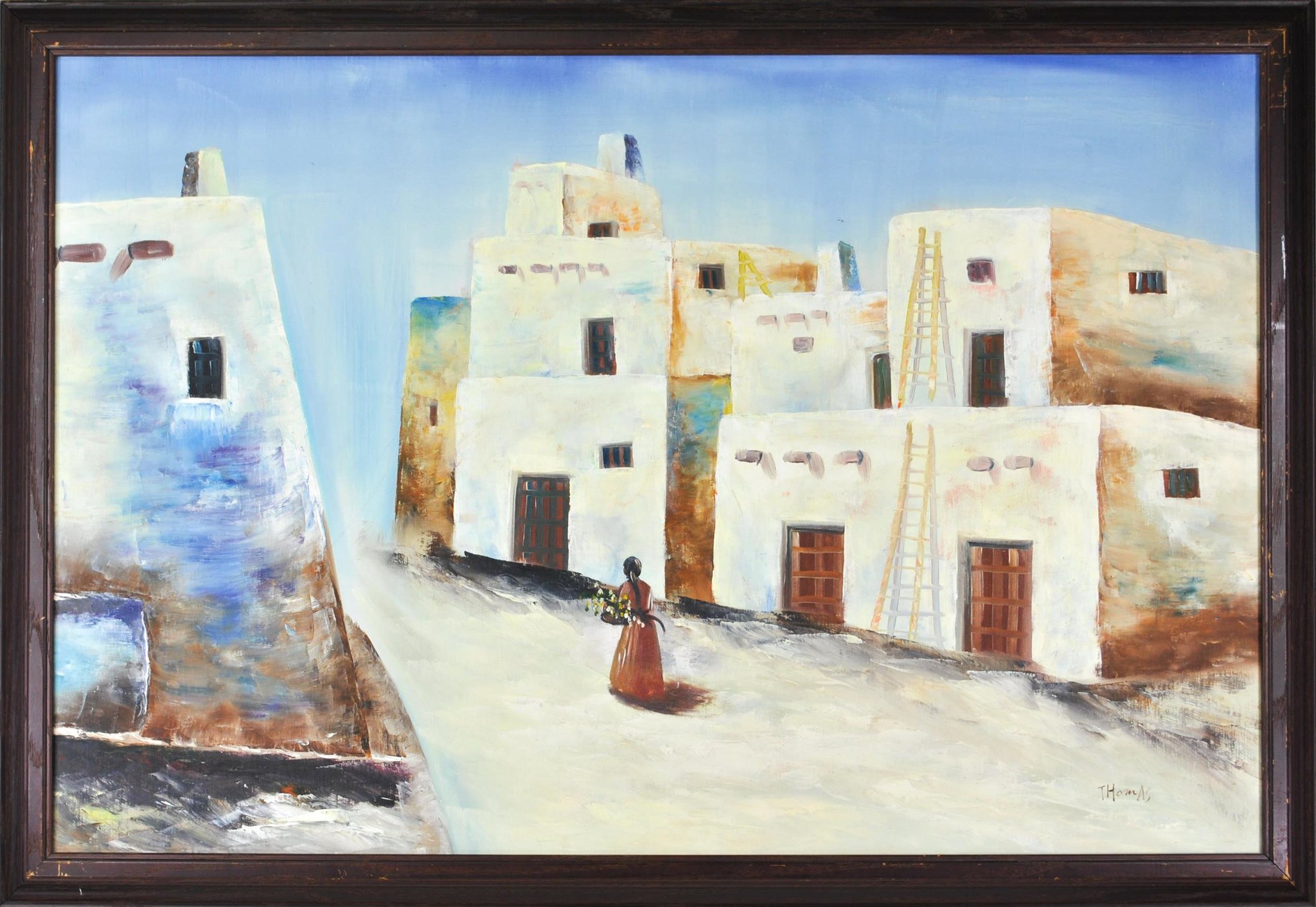 2048x1412 Pueblo Scene Southwest Mexico Adobe Village Landscape Oil Painting - Pueblo Painting