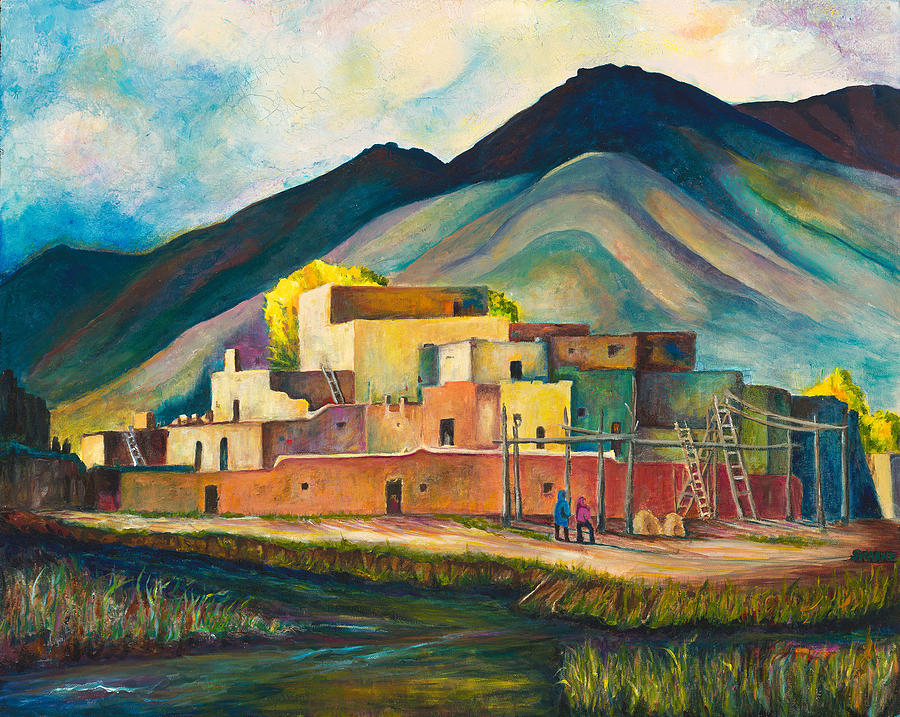 900x717 Taos Pueblo Painting By Sandra Warne - Pueblo Painting