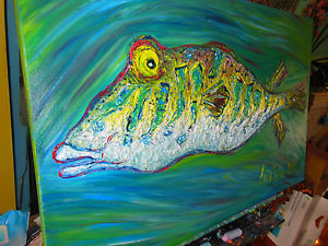 300x225 Original Oil Painting Puffer Fish Sushi By Ann Susan Elmer Bold - Puffer Fish Painting