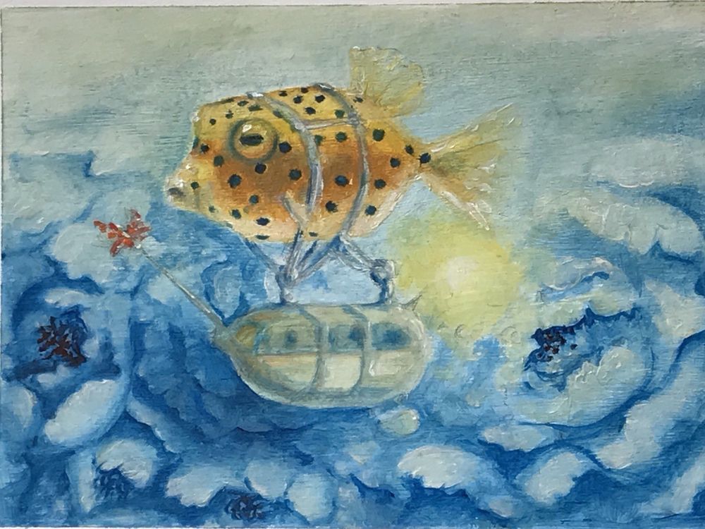 1000x750 Original Oil Painting Puffer Fish Fantasy Fun American Blue Art - Puffer Fish Painting