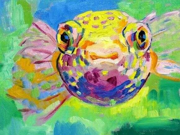 580x434 Puffer Fish Abstract Painting Art Fish Art - Puffer Fish Painting