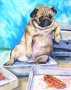 239x300 Pug And Pizza Watercolor Print Of The Original Watercolor Painting - Pug Painting