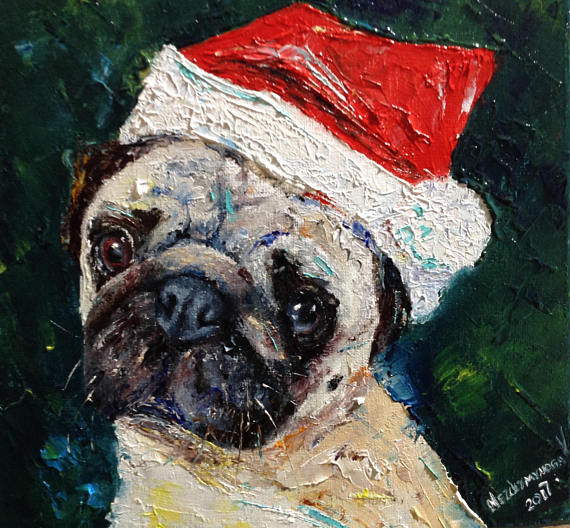 570x528 Pug Painting Oil Original Painting Canvas Christmas Animal - Pug Painting Canvas