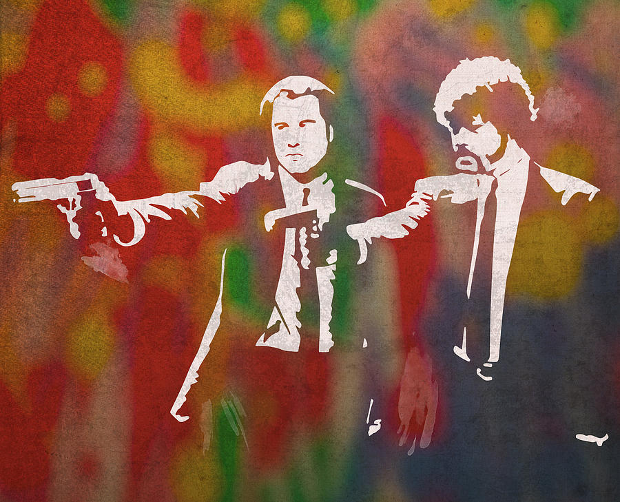 900x729 Pulp Fiction Movie Minimal Silhouette Watercolor Painting Mixed - Pulp Fiction Painting