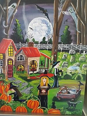 300x400 Original Halloween Folk Art Painting Pumpkin Garden Wagon Cat Moon - Pumpkin Art Painting