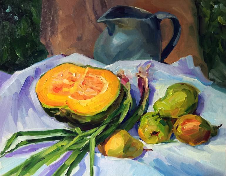 770x599 Saatchi Art Pears And Pumpkin Painting By Olga Ibadullayeva - Pumpkin Art Painting