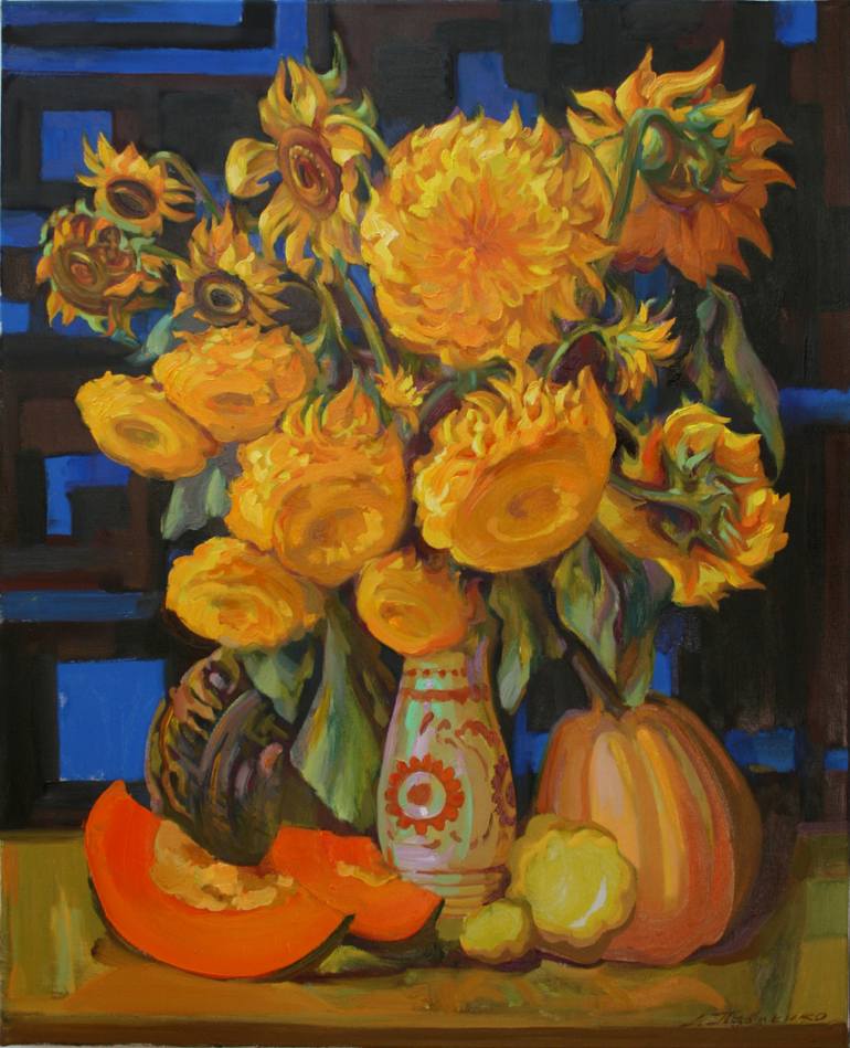 770x949 Saatchi Art Sunflowers With Pumpkin Painting By Leonid Pavlenko - Pumpkin Art Painting