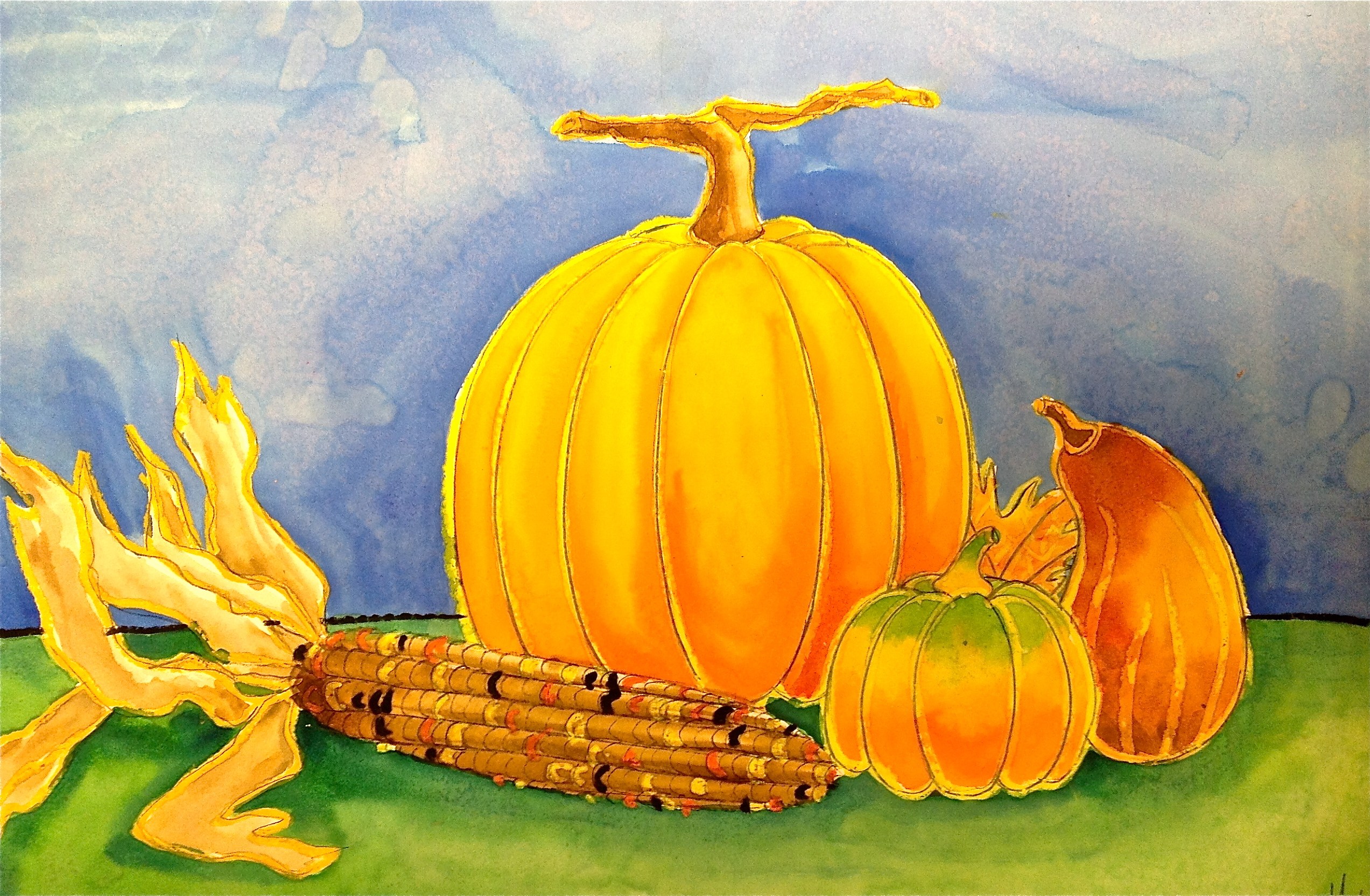 2545x1665 Pumpkin And Gourd Still Life Watercolor Painting - Pumpkin Watercolor Painting