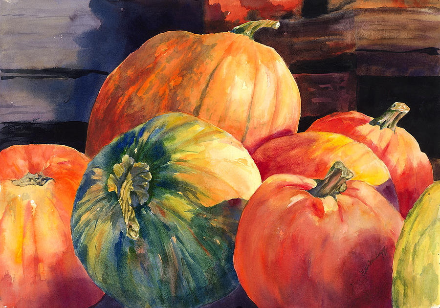 900x630 Pumpkins And Green Pumpkin Painting By Hilda Vandergriff - Pumpkin Watercolor Painting