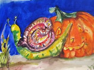300x224 Snail Pumpkin Watercolor Original Halloween Painting Illustration - Pumpkin Watercolor Painting