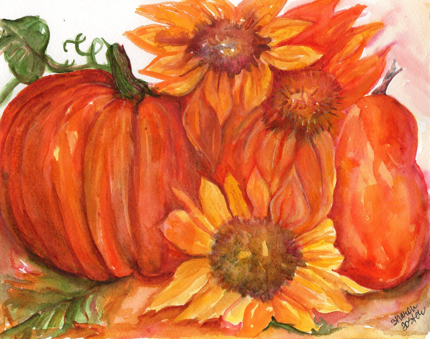 1500x1181 Sunflowers Pumpkin Pear Watercolor Painting Original 7 X 10 - Pumpkin Watercolor Painting