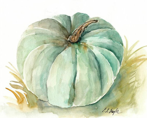 570x458 Green Pumpkin Painting Watercolor Pumpkin Original - Pumpkin Watercolor Painting
