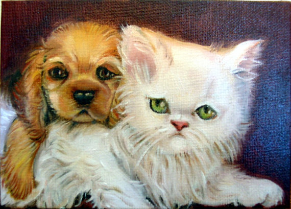 570x409 Original Art Kitty And Puppy Painting Oil 5 X 7 Adorable Duo - Puppy Painting