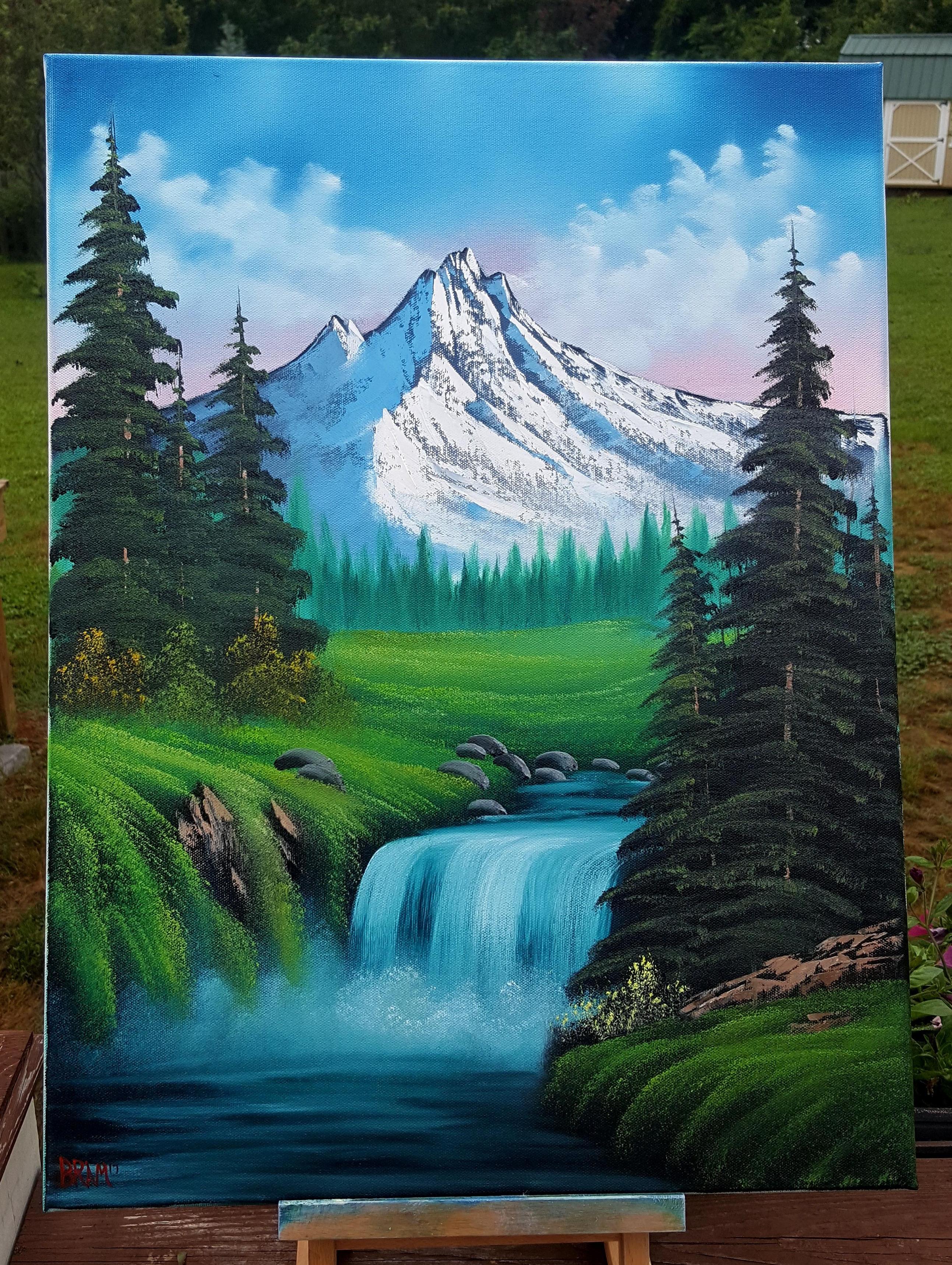 2586x3435 Bob Ross Style Mountain Waterfall, Oil, 18x24 Canvas Art - Purchase Bob Ross Original Painting