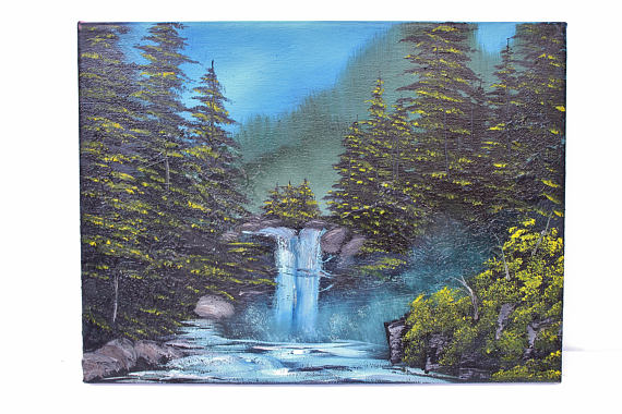 570x380 Bob Ross Style Waterfall Wilderness Alaska Evergreen Forest - Purchase Original Bob Ross Painting