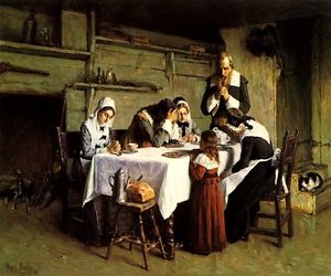 300x250 Pilgrim's Grace 1897 Puritan Family Thanksgiving Painting By Henry - Puritan Painting