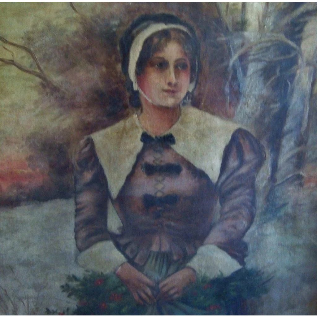 1024x1024 Antique 19c Oil Painting Pilgrim Puritan Woman Gathering - Puritan Painting