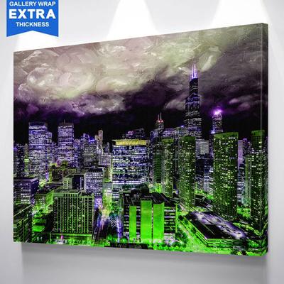 400x400 Green Amp Purple Painting Chicago Skyline Canvas - Purple And Green Painting