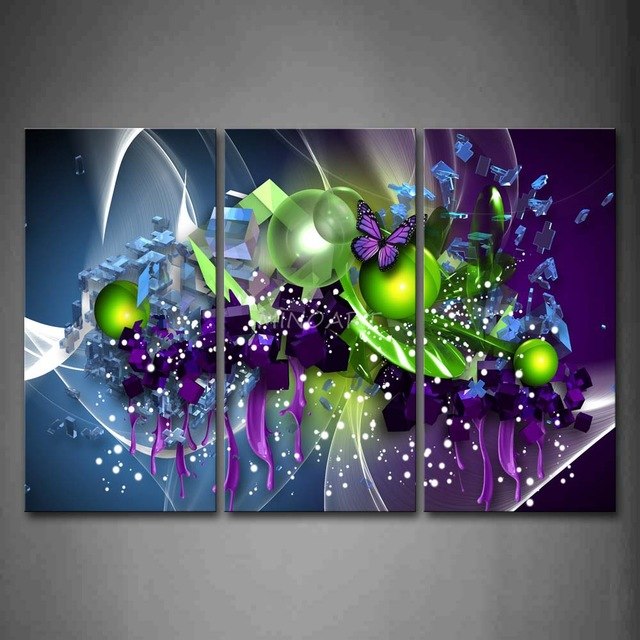 640x640 3 Piece Wall Art Painting Artistic Purple Butterfly Green Ball - Purple And Green Painting