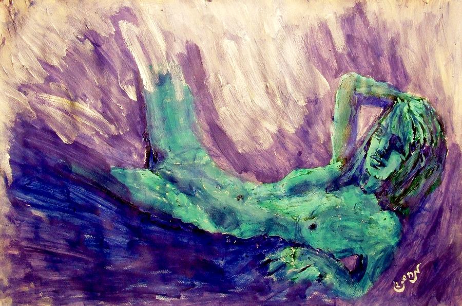 900x595 Young Statue Of Liberty Falling From Grace Female Figure Portrait - Purple And Green Painting