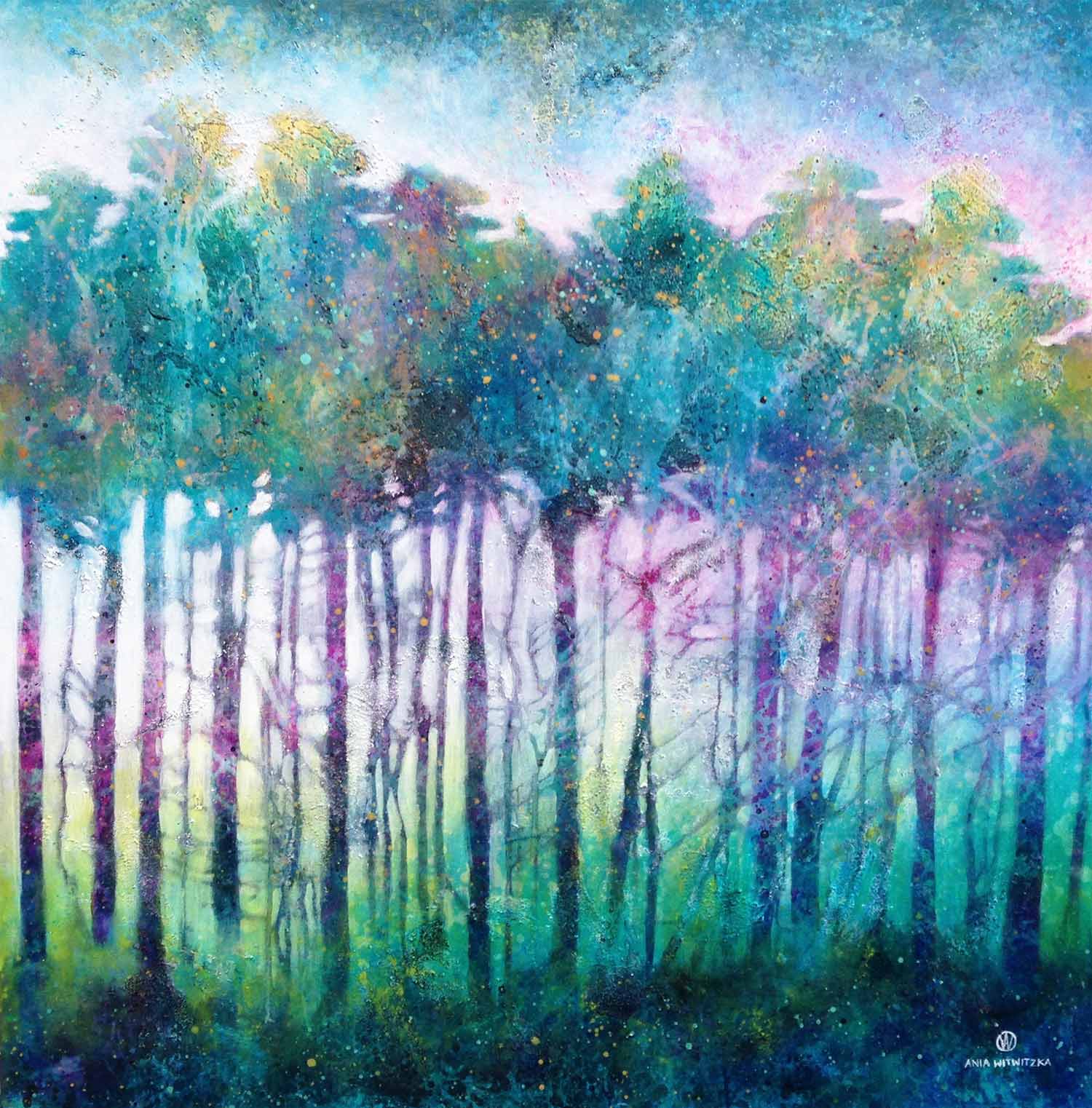 1500x1522 Painting Ania Witwitzka Acrylic Abstract Landscape Pinetrees Blue - Purple And Green Painting