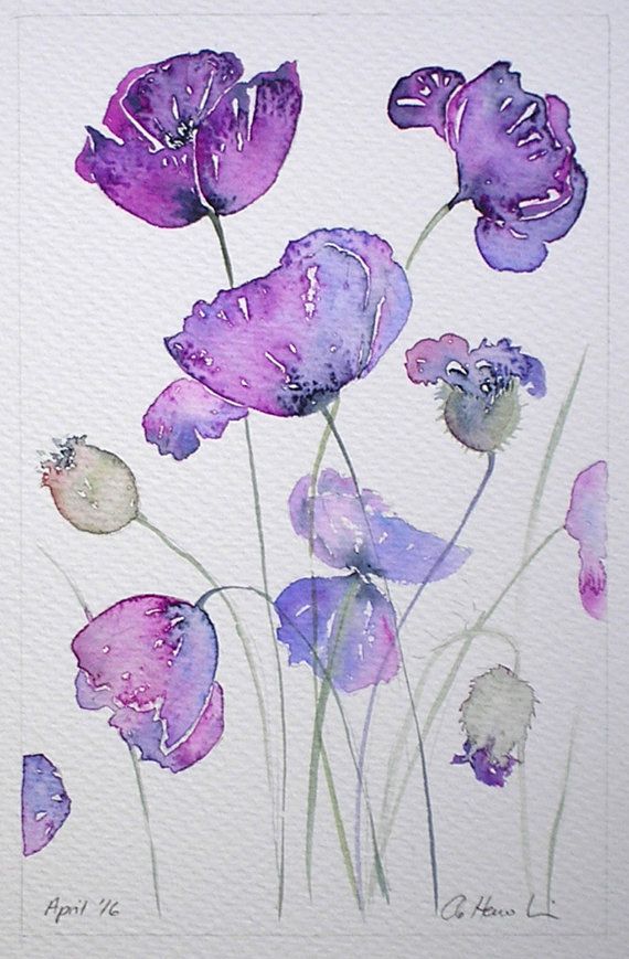 570x869 Purple Poppies Original Watercolour Painting By Artist Amanda - Purple Flower Painting