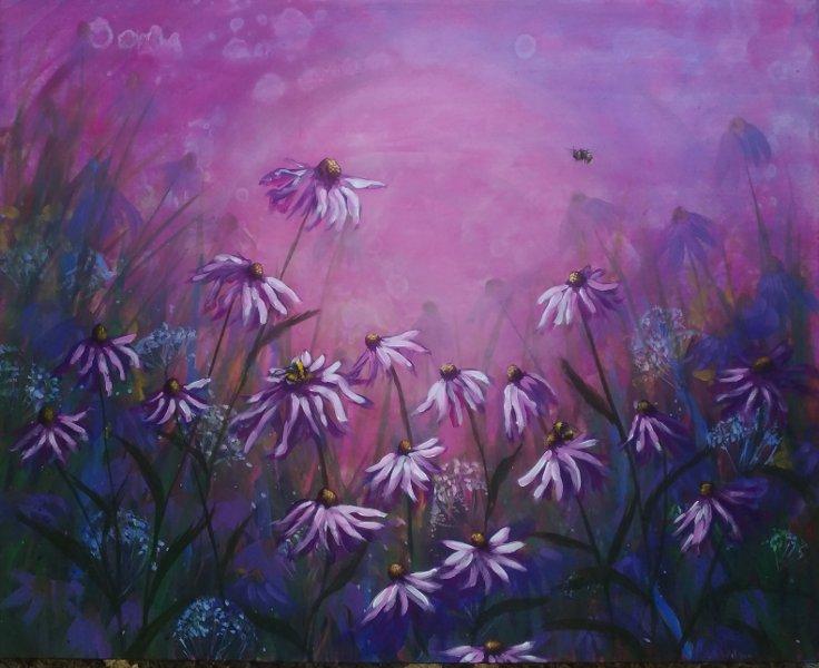 736x600 Purple Halo, Echinacea Flower Painting By Laura Wilson, Gold Star - Purple Flower Painting