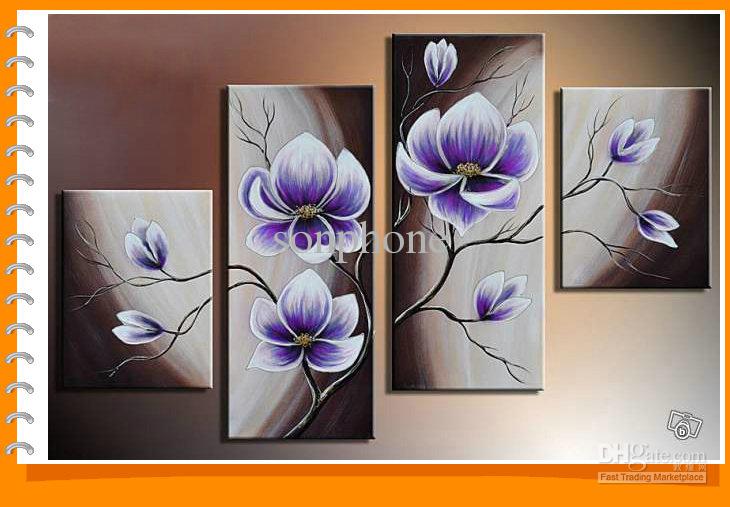 730x507 Framed 4 Panels 100% Handmade Purple Flower Oil Painting On Canvas - Purple Flower Painting Canvas
