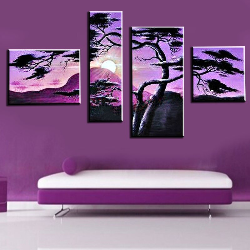 800x800 4 Piece Hand Painted Oil Painting Purple Sunrise Tree Landscape - Purple Landscape Painting