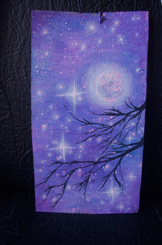 570x860 Purple Moon Painting Mixed Media On Raw Plywood Tree - Purple Moon Painting