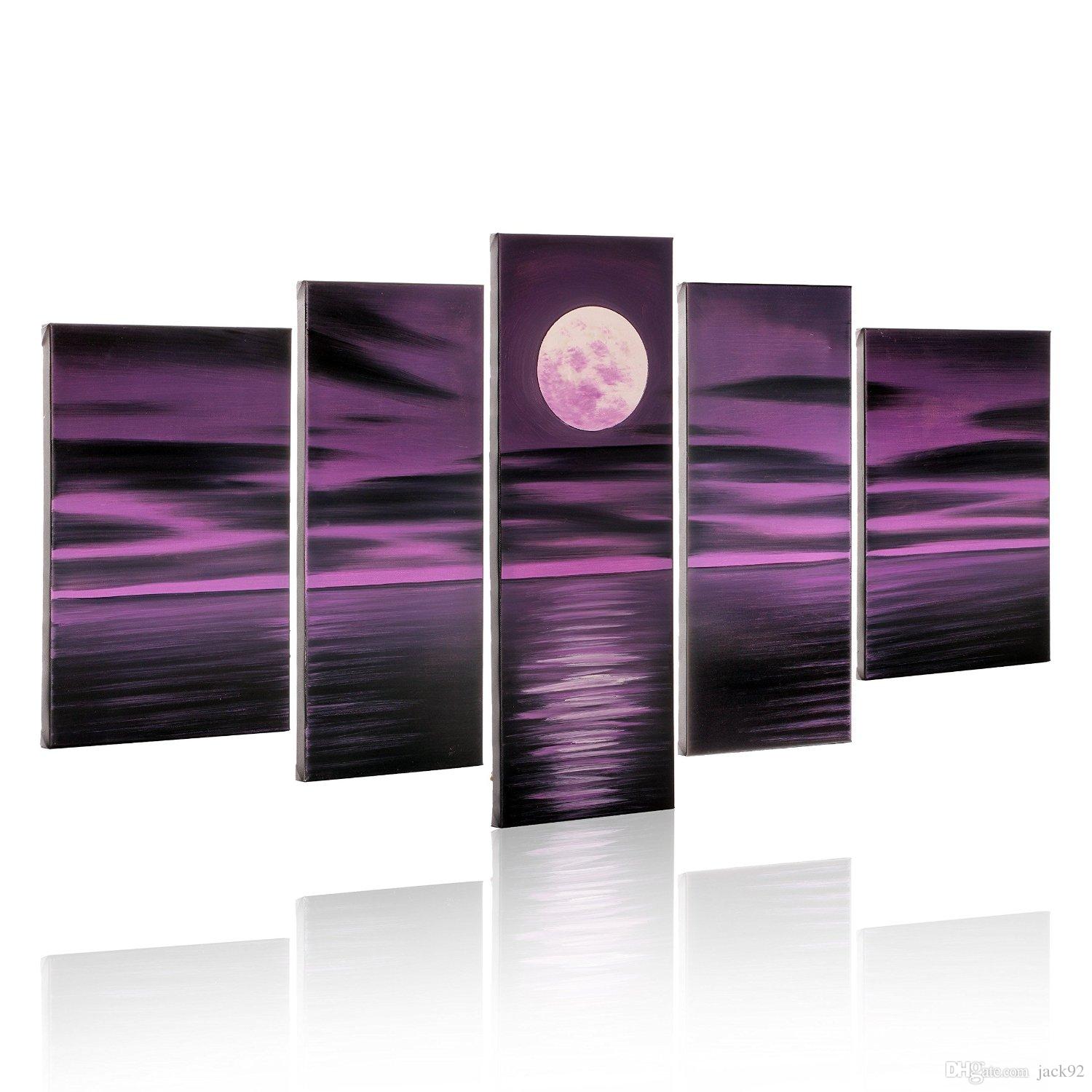 1500x1500 2018 Handpaint Oil Painting Bright Purple Moon 5 Panels Wood Frame - Purple Moon Painting
