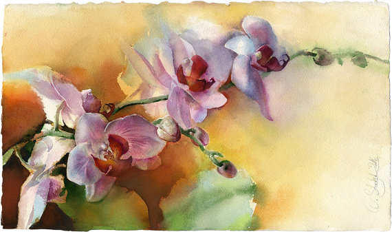 570x337 Flower Watercolor Painting Original Painting Watercolor - Purple Orchid Painting