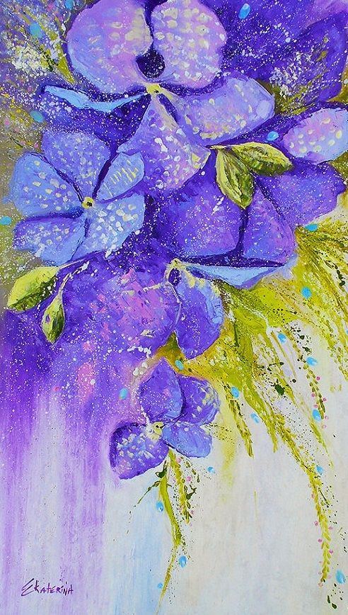 492x868 Lavender Purple Orchid Painting, Spring Colors, Aquamarine Blue - Purple Orchid Painting