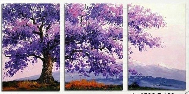 635x315 Hand Painted Stretched Framed Oil Wall Art Purple Hill Flower Tree - Purple Painting