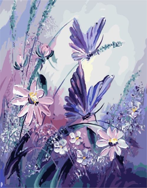 499x640 Paint By Numbers Diy Oil Painting Purple Butterflies With Flowers - Purple Painting Canvas