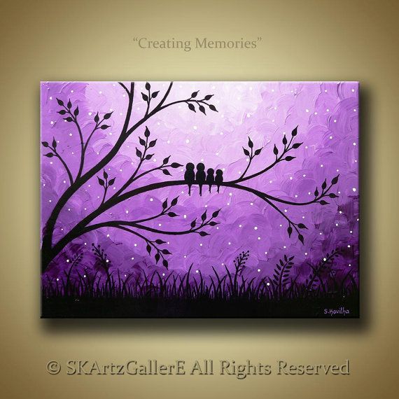 570x570 Purple Paintings Canvas Family Of Birds On Tree Landscape Original - Purple Painting Canvas
