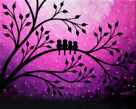570x456 Birds Artwork Family Birds On Tree Art Giclee Print Birds On Tree - Purple Painting On Trees