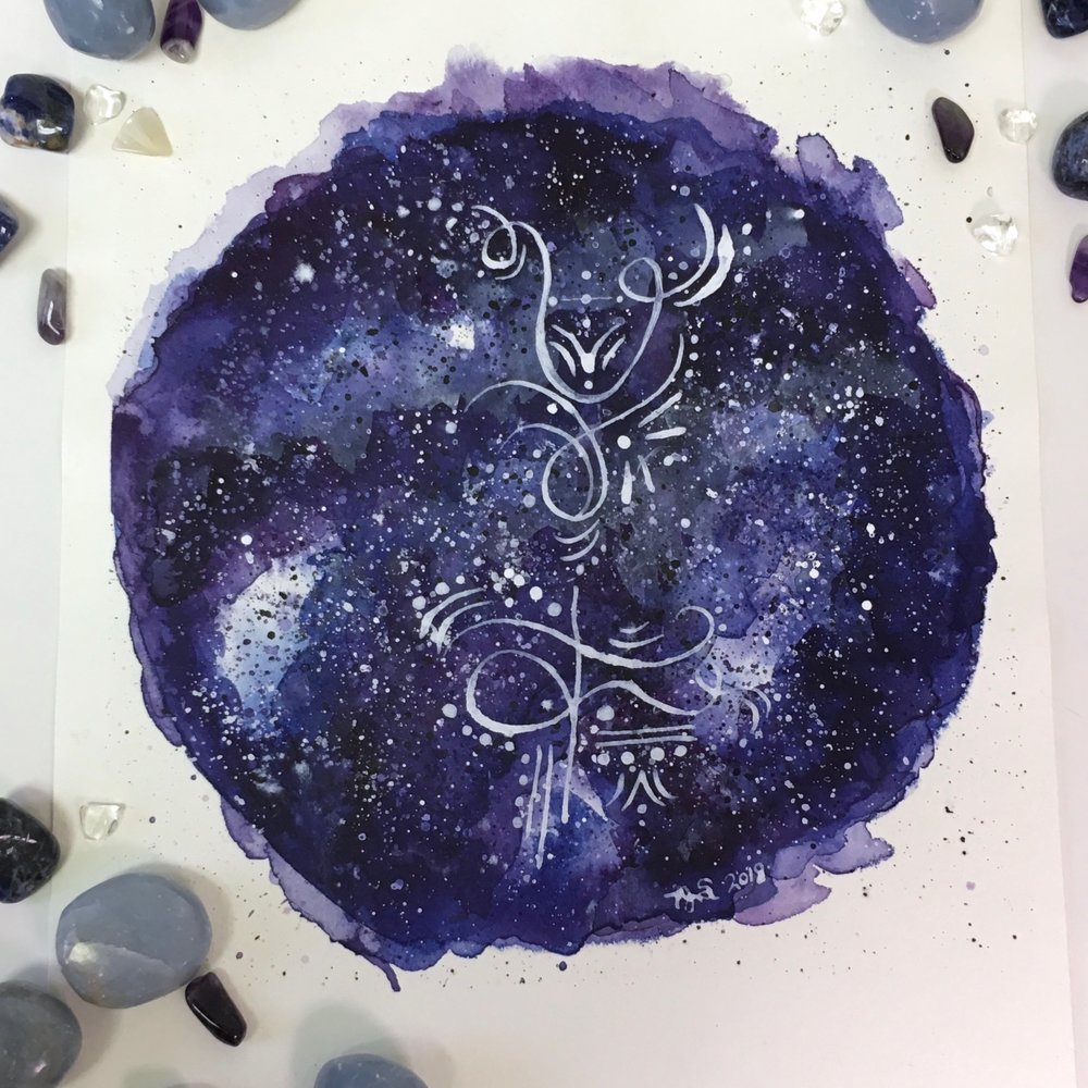 1000x1000 Purple + Blue Galactic Light Language Fine Art Watercolor - Purple Watercolor Painting