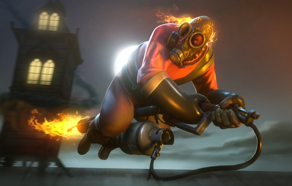 596x380 Wallpaper Team Fortress 2, Fan Art, Pyro, Flamethrower - Pyro Painting