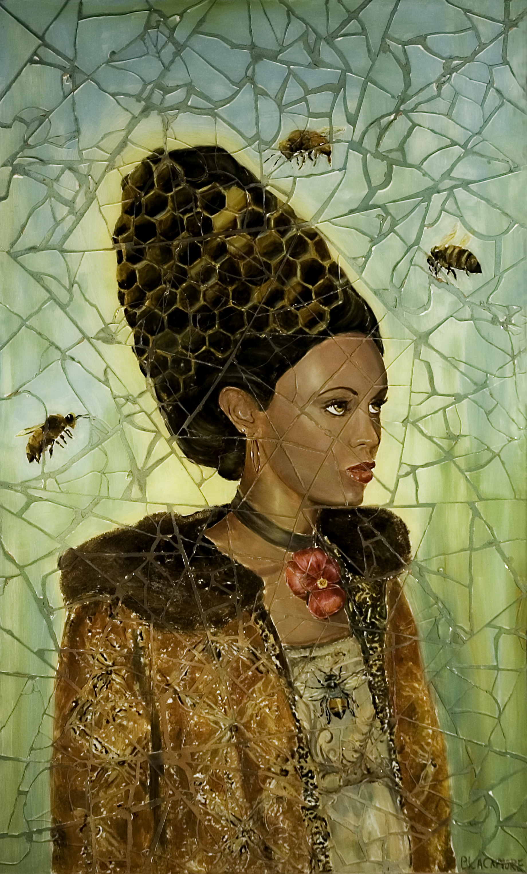 1840x3048 Queen Bee Reverse Painted Glass 42h X 31w - Queen Bee Painting
