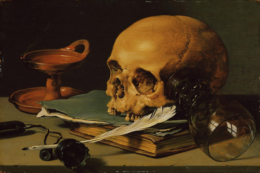 900x600 Still Life With A Skull And A Writing Quill Painting By Pieter Claesz - Quill Painting