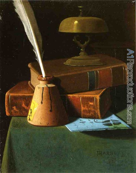 474x600 Still Life With Inkwell, Quill And Books Oil Painting - Quill Painting