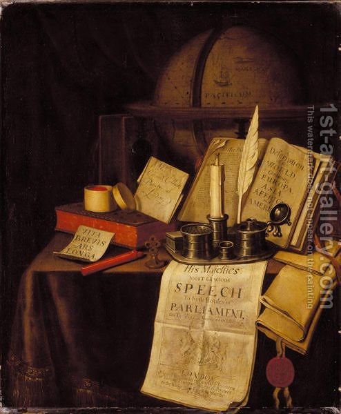494x600 A Vanitas Still Life With An Ink Well And Quill, A Candle, A Box - Quill Painting