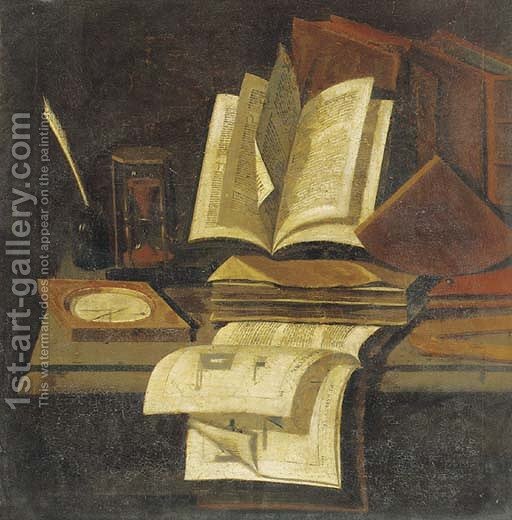 512x520 Books, An Hourglass, A Quill And Ink Pot And A Compass On A Table - Quill Painting