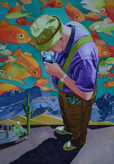 394x565 R. Mike Nichols Topsy Turvy Watercolor 14.5 X 20.5 Painting - R Nichols Painting