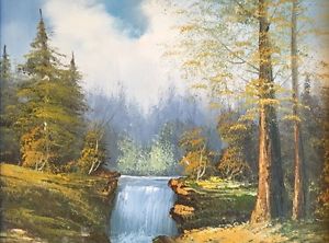 300x222 Original Oil On Board Painting Of Waterfall And Forest By R - R Thomas Painting